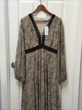 Baltic Born Beige and Black Printed V-Neck Long Sleeve Maxi Dress
